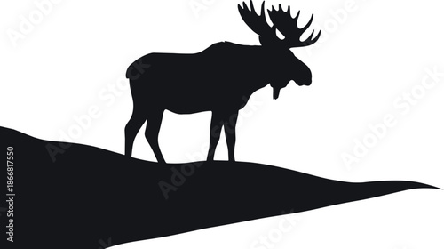 Moose silhouette standing on hill, wild elk animal shape, black and white wildlife nature vector illustration, minimal design isolated background