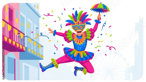 A colorful illustration of a person in a vibrant Mardi Gras costume dancing in front of a festive building with confetti and a Ferris wheel in the background