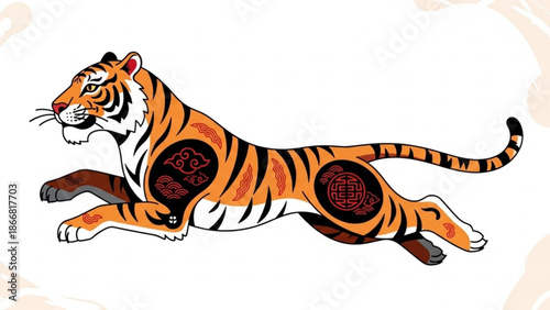 A vibrant orange tiger with black stripes and intricate red tattoos on its body is depicted in a dynamic running pose on a clean white background with subtle beige accents.
