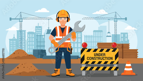 Flat vector illustration of a construction worker standing next to an under construction barrier sign at a building site, ideal for construction safety communication, roadwork warnings, infrastructure
