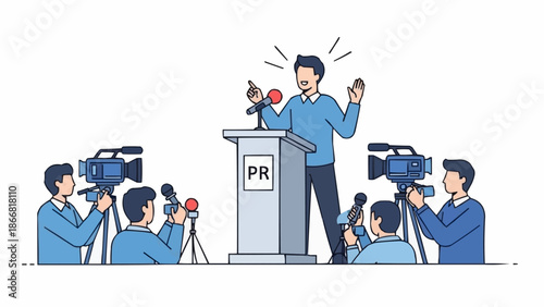 Man speaking at podium with microphones and cameras at press conference.