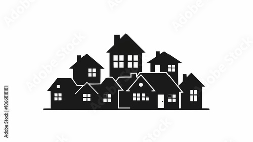 Silhouette of a cluster of diverse houses and buildings.