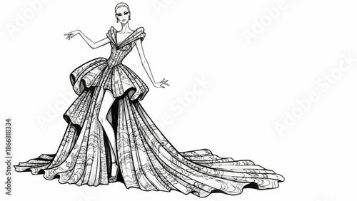 Elegant Fashion Illustration of a Woman in a Dramatic Gown.