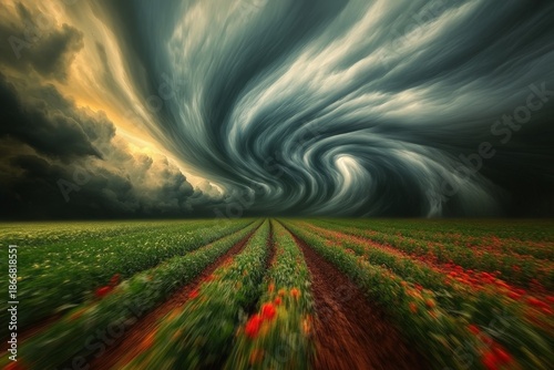 Dramatic swirling clouds over a field of flowers.