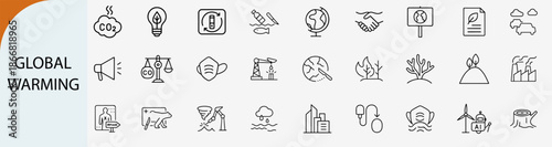 global warming and climate change outline icons, ecology vector set
