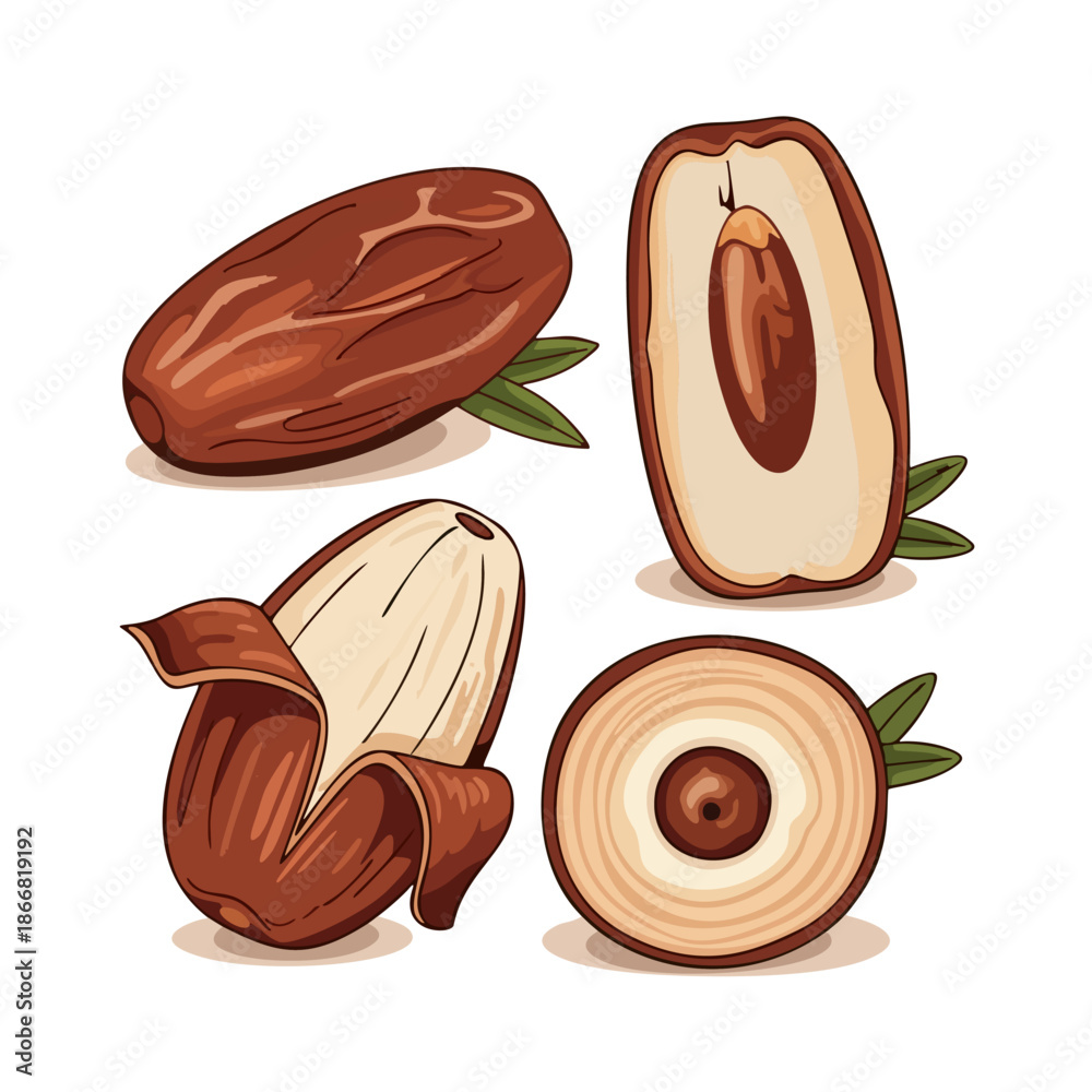 Fototapeta premium Vector illustration of date fruits presented in different states: whole, sliced to show the pit, and cross-section, accented with green leaves for food and nutrition concepts.