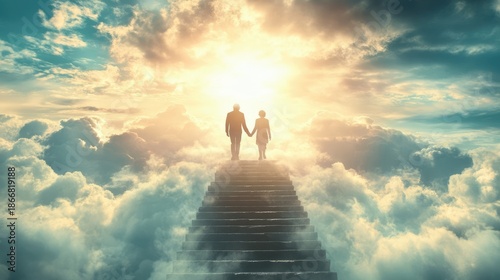 Old couple walking up the stairs among clouds in the sky to the shining light symbolizing heaven or Christian paradise. Life end and time passing concept