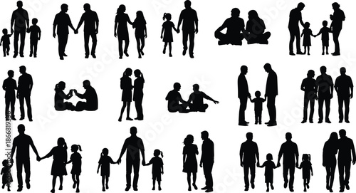 Large black silhouette collection of happy families with parents and children walking and holding hands isolated on white background for design