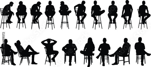 Large black silhouette collection of men and women sitting on chairs and bar stools isolated on white background for architectural visualization