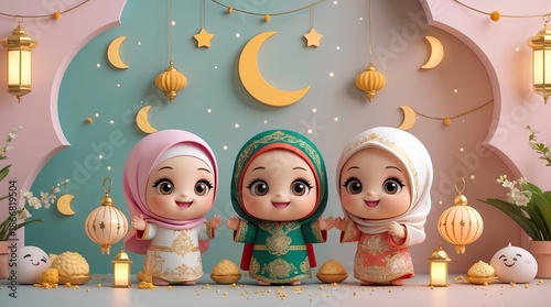 Cute Chibi Idul Fitri Characters with Lanterns and Crescent Moon Decor