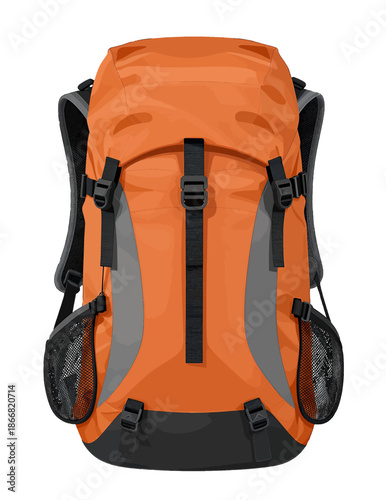 Bright orange hiking backpack with black straps and mesh pockets