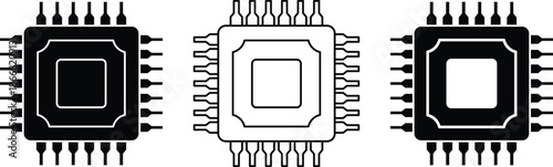 Three stylized computer microchips in black and white computer chip processor