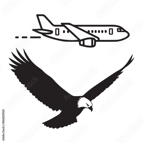 Flying eagle and airplane symbolizing freedom and ambition silhouette