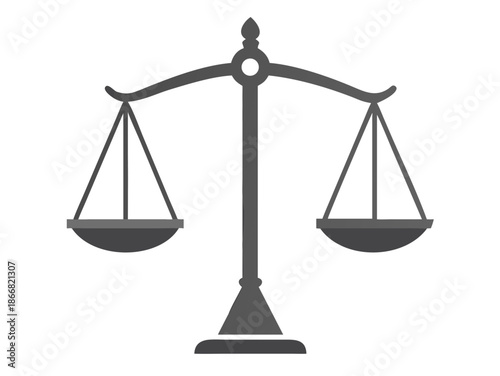 A grayscale illustration of a traditional balance scale on a black background