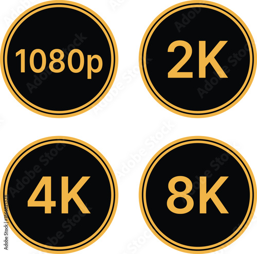 Four circular displaying resolution standards 1080p, 2K, 4K, 8K in yellow text on black