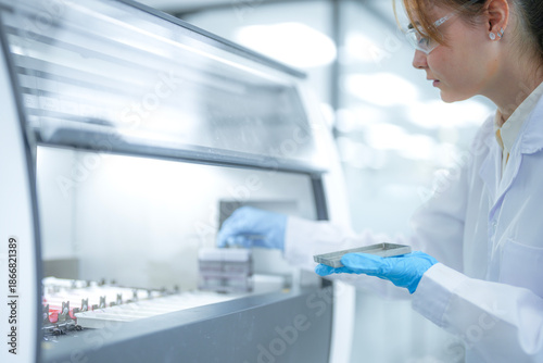 Фотография Medical researcher operating digital analyzer interface in sterile laboratory