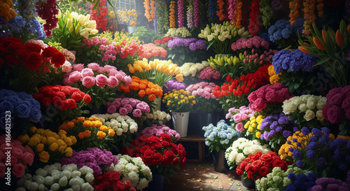 Floral Paradise: A vibrant flower shop, showcasing an extensive variety of colorful blooms arranged to create a captivating floral display, evokes feelings of joy and celebration.