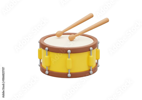 3d icon of a yellow toy drum with two drumsticks isolated on transparent background
