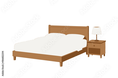 Modern wooden bed with nightstand and lamp