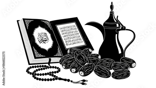 Islamic Holy Book Quran Dates Rosary and Coffee Pot.