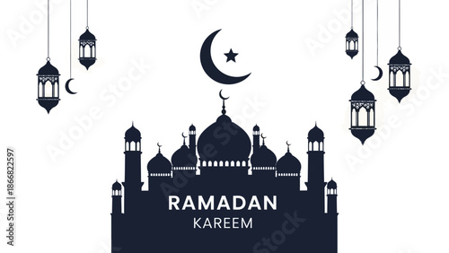 Ramadan Kareem Mosque Silhouette with Crescent Moon and Lanterns.