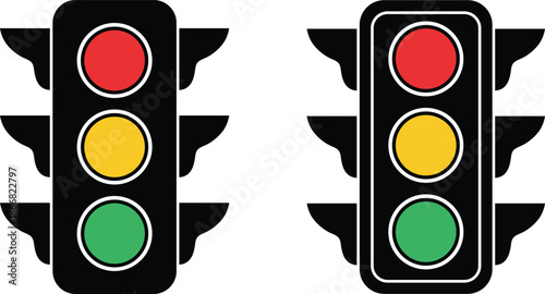 Two traffic lights one red yellow green the other red yellow green signal