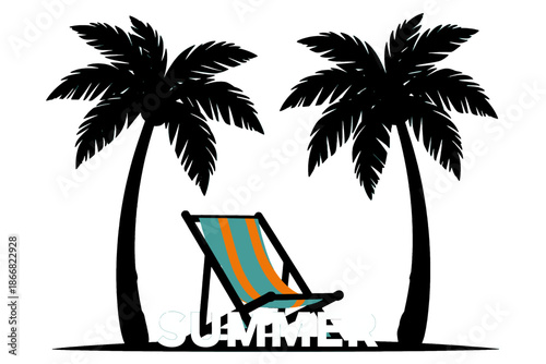 Summer illustration with beach chair and palm trees.
