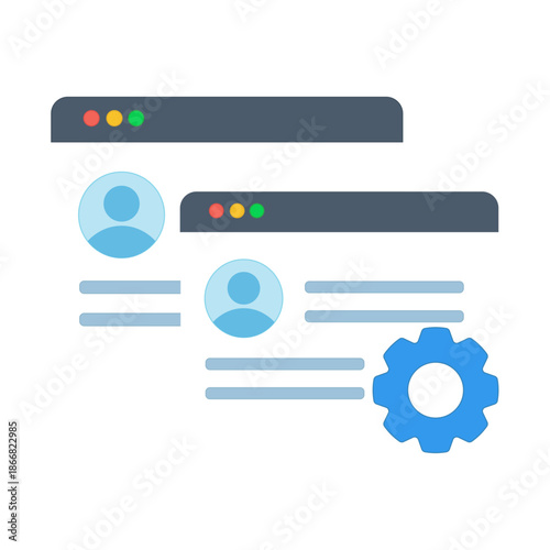 Interface windows showing user profiles with a settings gear for account administration