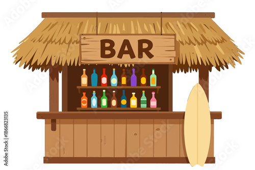 Tropical bar with colorful bottles and surfboard