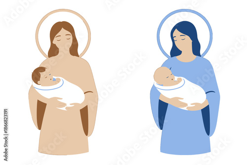 Two haloed women holding swaddled infants