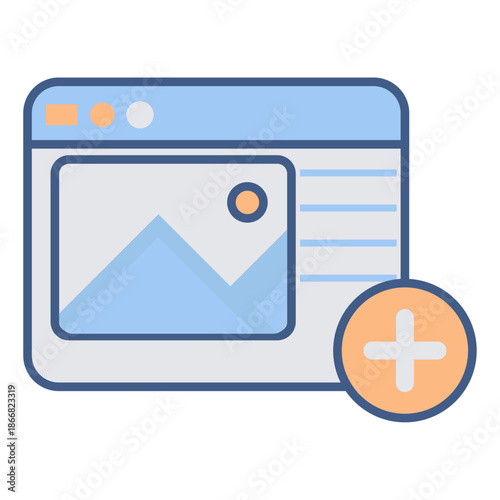 Illustration of a website editor interface with an image placeholder and a plus button for adding media content