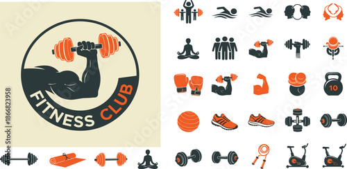 Comprehensive vector collection of fitness club logo design and various gym workout exercise equipment icons, ideal for sports and healthy lifestyle branding