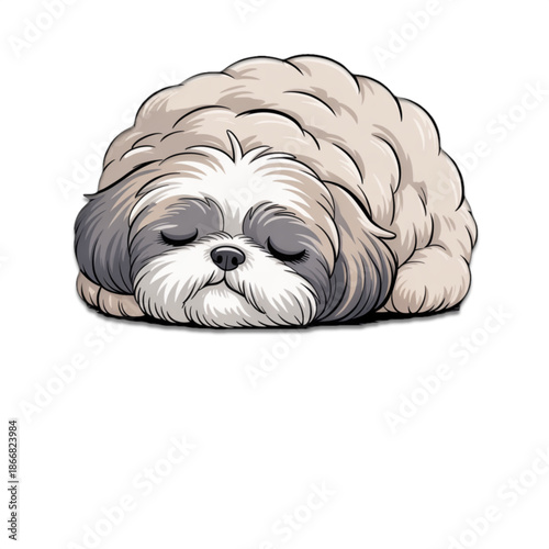 Cute sleeping shih tzu puppy cartoon on white background with fluffy fur and peaceful face for pet lover nursery decor sticker greeting card and social media post mascot for dog grooming salon logo
