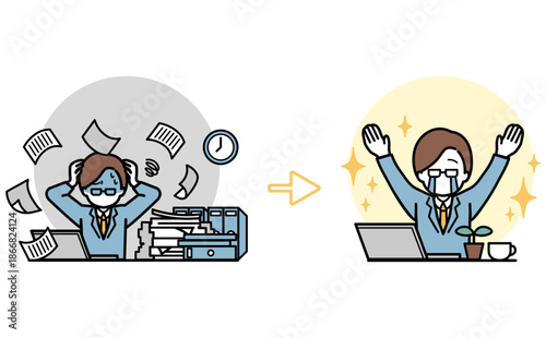 書類に追われて残業するビジネスマンが業務改善でゆとりが生まれるビフォーアフターイラスト