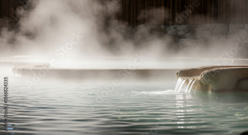 Steamy Relaxation: A serene thermal spring scene, where cascading water meets a pool shrouded in a veil of mist. Capturing tranquility and natural spa beauty.