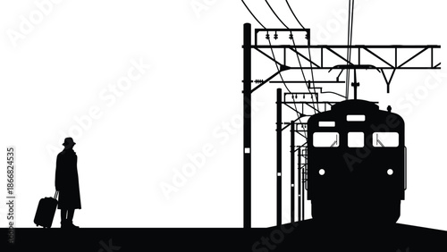 Passenger waiting at railway platform silhouette with electric train arrival, travel concept, transportation journey scene isolated on white background
