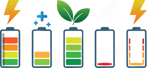 Icons for Battery Life and Green Energy Concepts, Various Battery Charging Stages with Eco-Friendly Symbols, Vector Set of Battery Level Indicators and Renewable Energy Icons, vector, illustration.