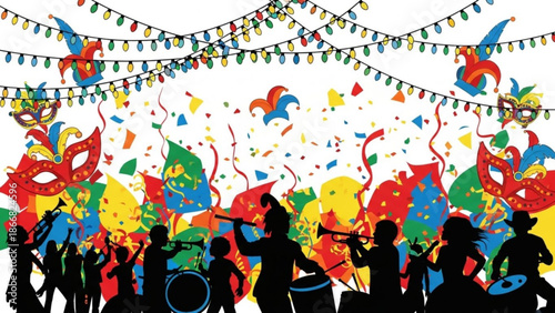 A vibrant illustration of a lively party scene with silhouetted musicians and colorful masks and confetti
