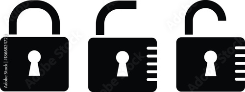 Three black padlock showing locked and unlocked states security