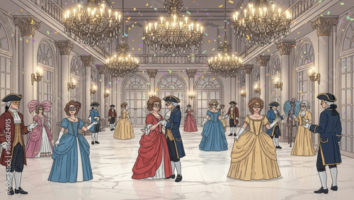 A vector illustration of people dancing in a grand ballroom with elegant chandeliers and ornate details.
