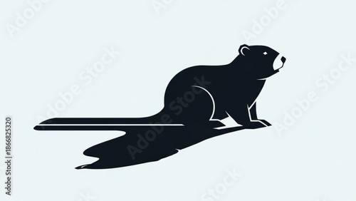 A black silhouette of a beaver sitting on a log with a white background