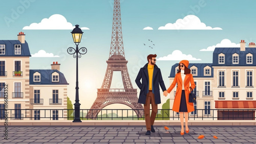 A romantic couple strolls hand in hand along a charming Parisian street with the Eiffel Tower in the background.
