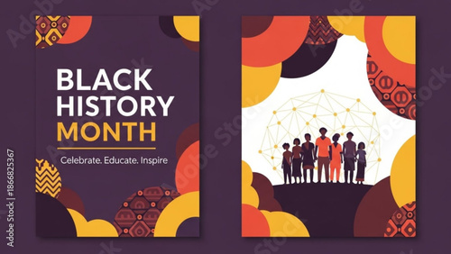 A vibrant vector graphic illustration celebrating Black History Month with a diverse group of people and colorful abstract shapes