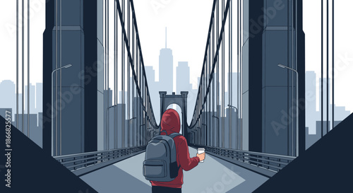 A lone traveler in a red hoodie and backpack walks across an iconic suspension bridge towards a distant, modern city skyline, engrossed in their smartphone.