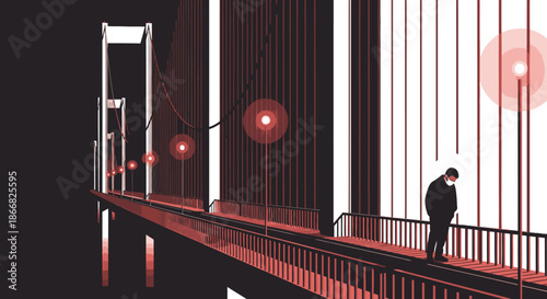 A solitary person stands on a long, modern bridge at night, bathed in the dramatic red light of warning lamps, reflecting on profound thoughts.