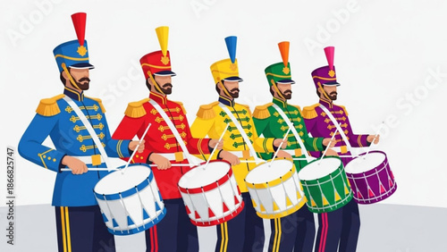 A colorful illustration of five drummers in different uniforms playing drums