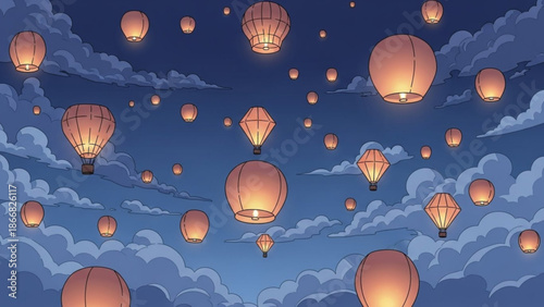 A serene illustration of glowing lanterns floating in a dark blue sky with clouds