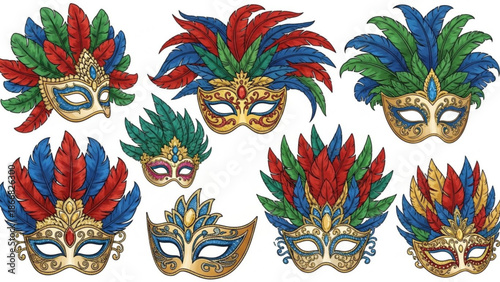 A colorful illustration of eight Mardi Gras masks with feathers and gold accents
