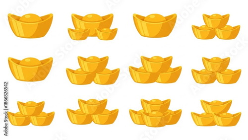 A vector graphic illustration of multiple gold ingots in various arrangements on a white background