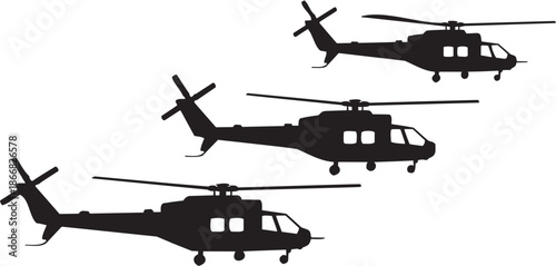 Helicopter flight vector illustration. Glyph pictograms of military helicopters in formation, aviation logo or tattoo design